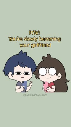 Reel cover: Blue and Puddle staring at their phones with matching faces. Caption: POV: You're slowly becoming your girlfriend.